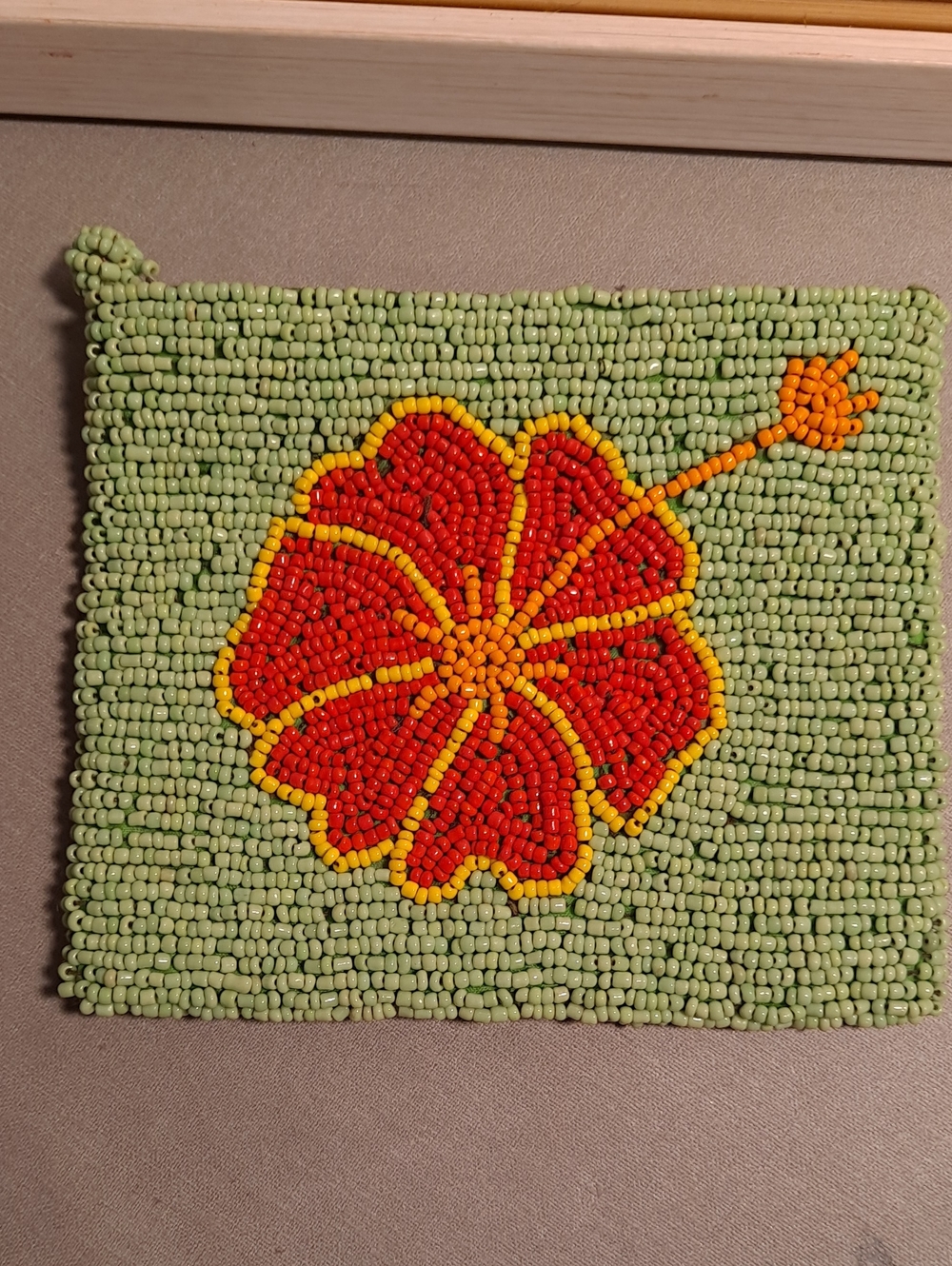 Artisan Beaded Green Pouch Tropical Red & Yellow Floral Motif Coin Purse